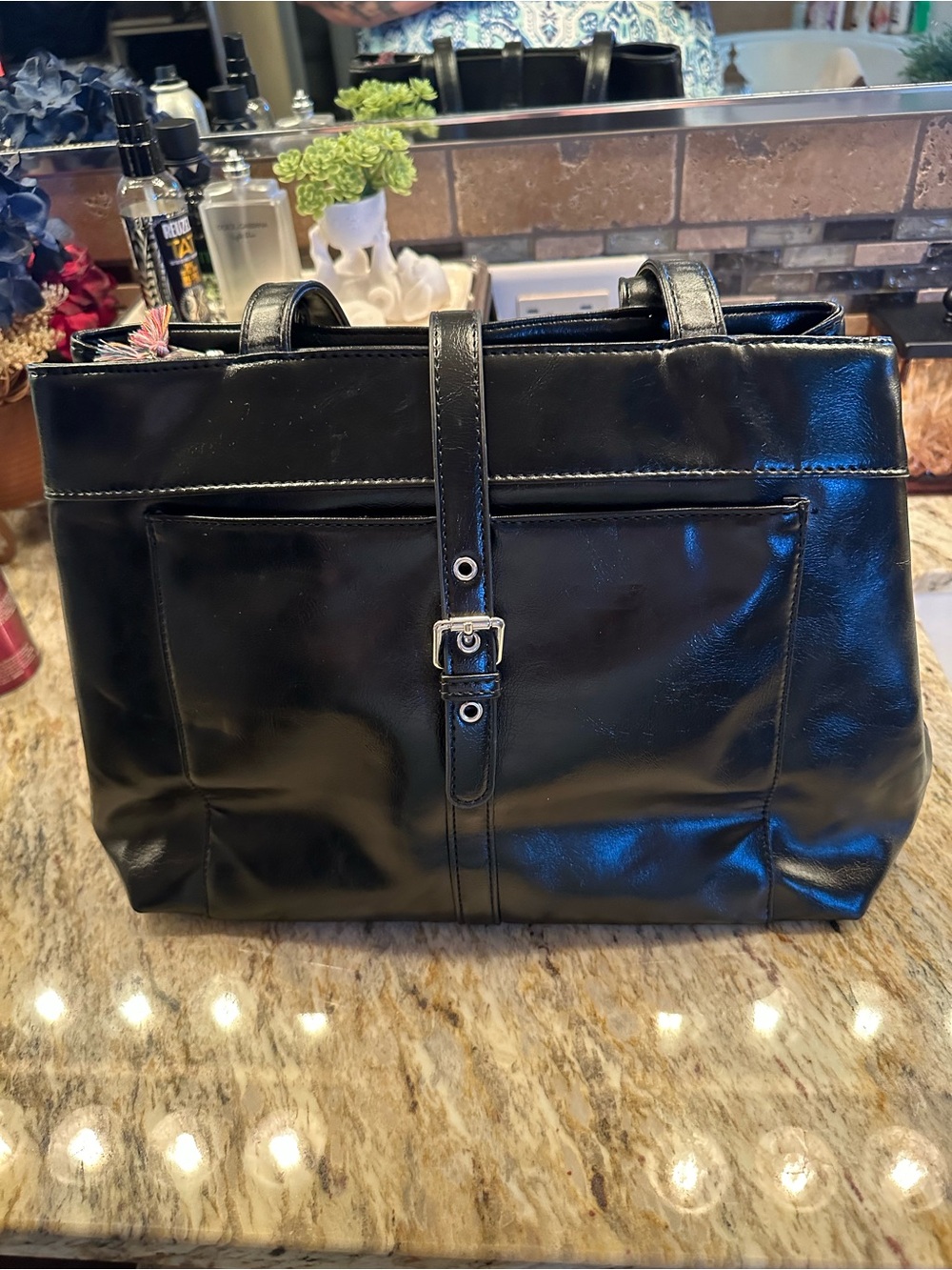 Professional Black Laptop Tote with Front Pocket and Buckle Strap